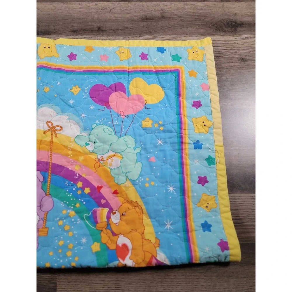 Vintage Care Bears Baby Blanket Crib Quilt Rainbow Trail Yellow Trim 41x33 Throw